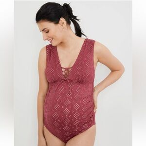 A Pea in the Pod Burgundy Lace-Up One Piece Swimsuit